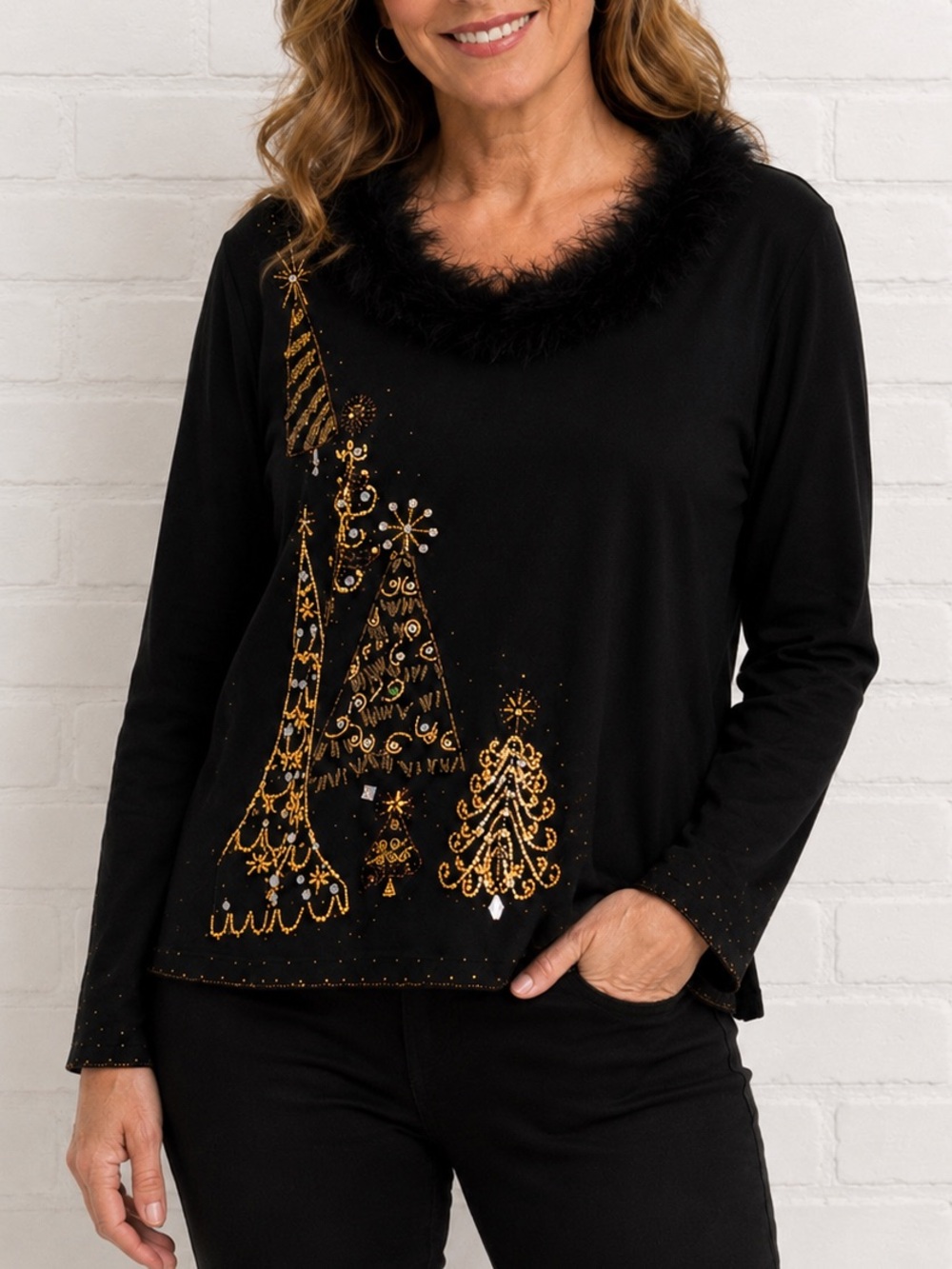 Jack B Quick Black Christmas Top L Beaded Sequin Faux Fur Holiday Trees